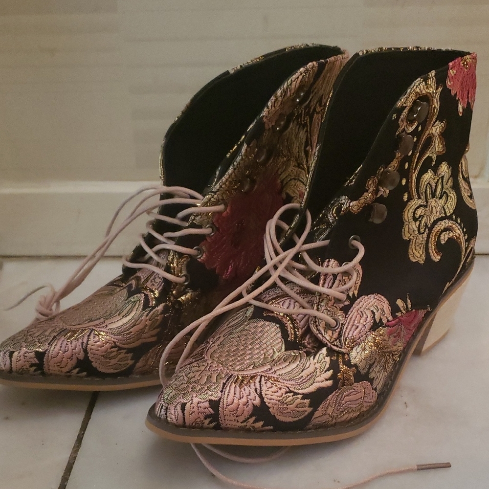 Floral Embroidered Ankle Boots - Pink and Black